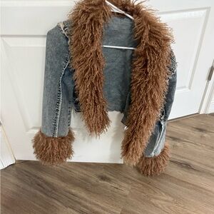 Faux Fur Trim Denim Jacket in Brown